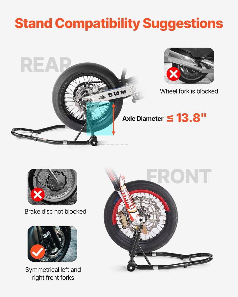 VEVOR Motorcycle Stand Lift, 1100lbs Capacity Front Rear Combo Stand Lift, Front Wheel Dual-Fork Stand, Rear U+L Fork Swingarm Spool Stand