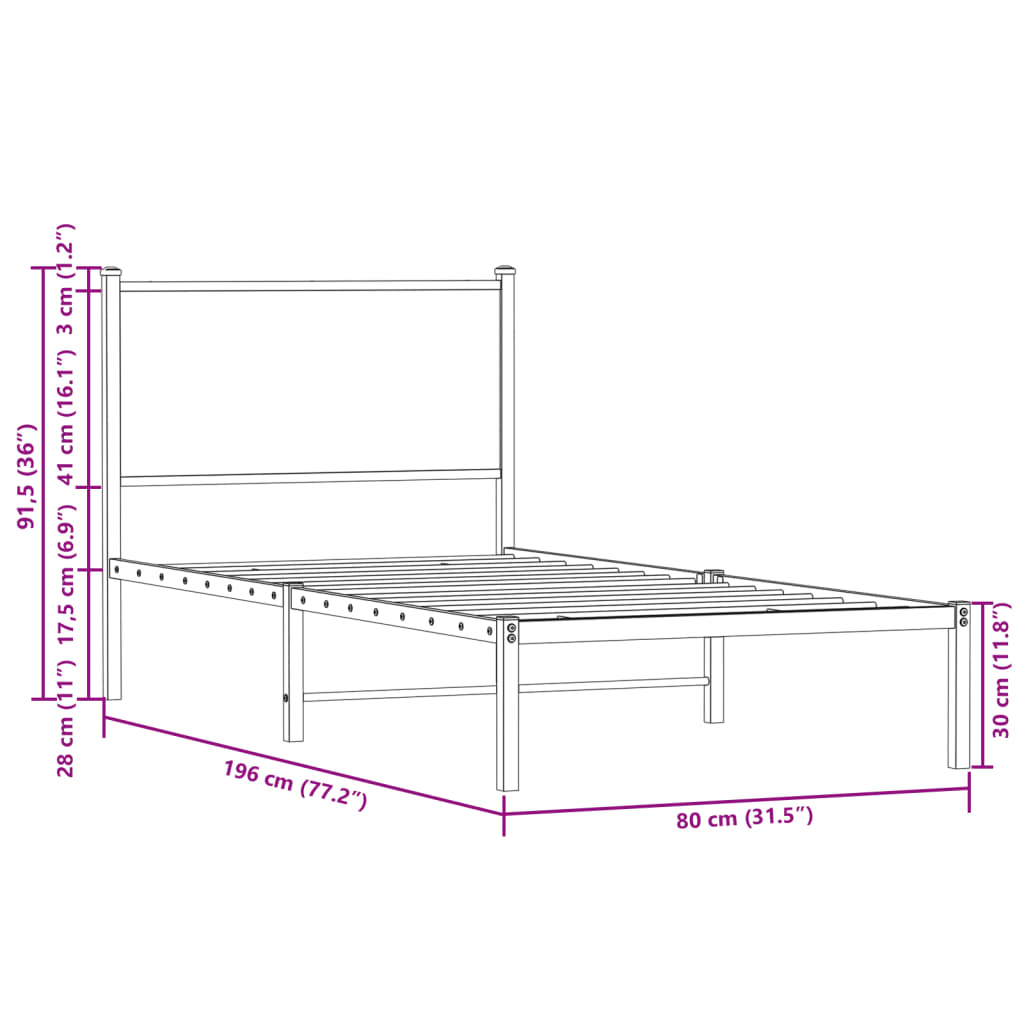 Metal Bed Frame Without Mattress Smoked Oak Finish 75 X 190 Cm