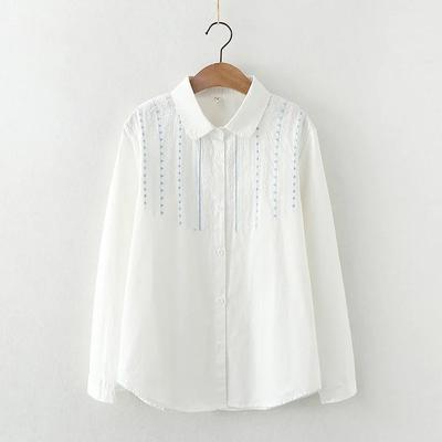 Embroidery Art Jacquard Cotton Long Sleeve Shirts Women Autumn New Lace White Blouse Ladies Loose Casual Blouses and Tops