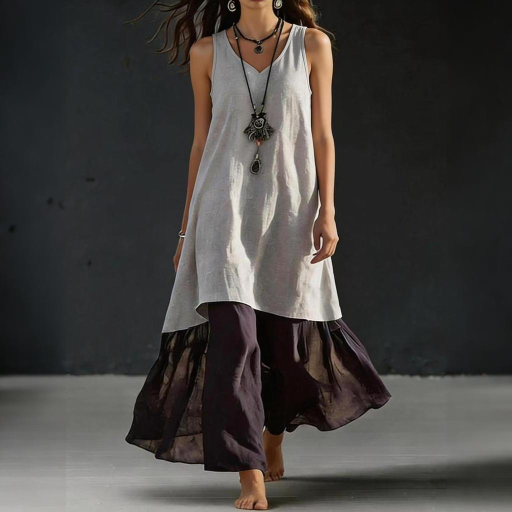 Women's Color Loose Fit Sleeveless V-Neck Maxi Dress, Casual Tank Dress