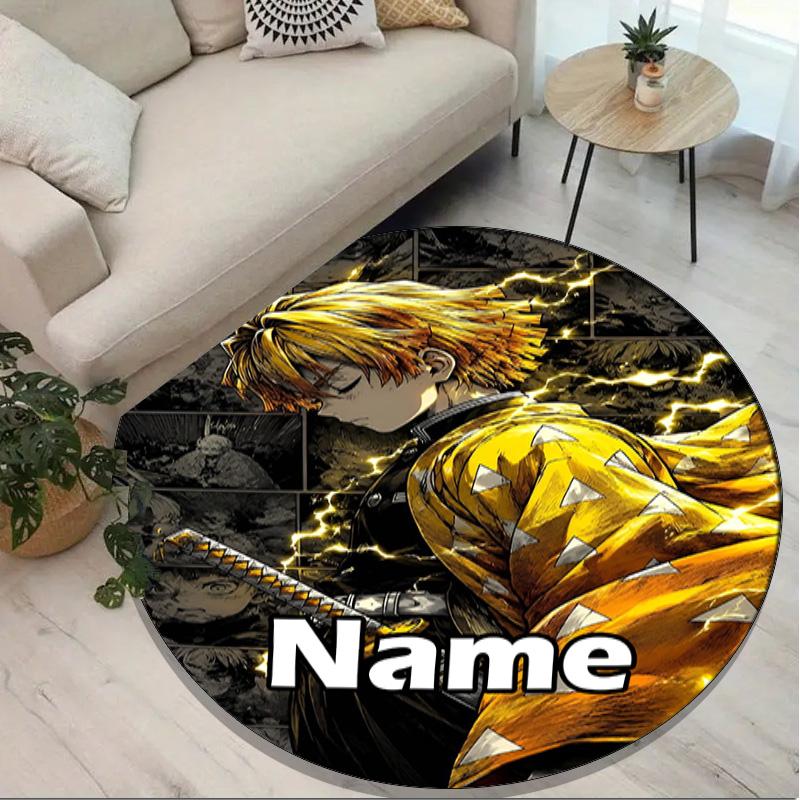 Custom Name Personalized Demon Slayer Print Round Rug, Versatile Home Decor Carpet, for Playroom, Apartment, Balcony, Entryway, Hallway Gift