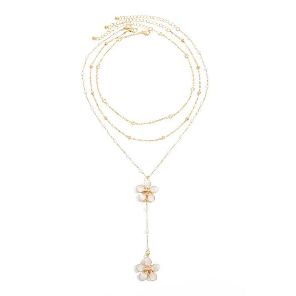IngeSight.Z Exquisite Romantic Pink Drip Oil Flower Pendant Choker Necklace Women Boho Imitation Pearl Metal Chain Lady Jewelry