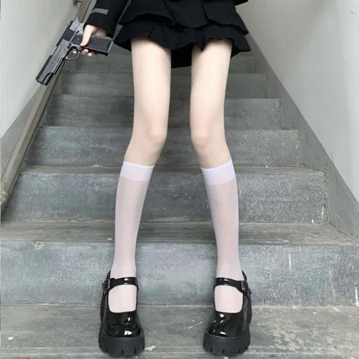 

Летние носки до икры из нейлона с цветочным кружевом, ультратонкие прозрачные чулки до колена, носки для школьницы, женские длинные кавайные чулки One Size