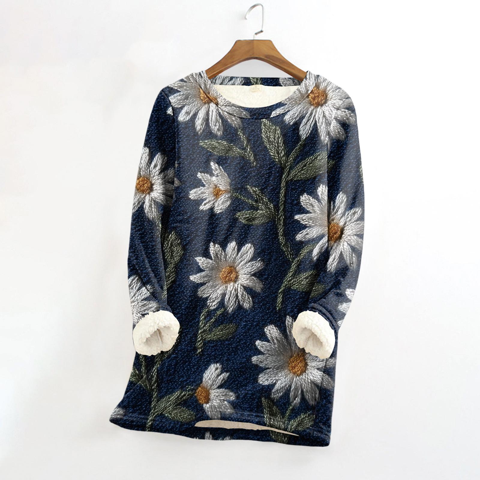 

Женский топ с круглым вырезом и принтом из утолщенного плюша и кашемира, теплый длинный топ L тёмно-синий