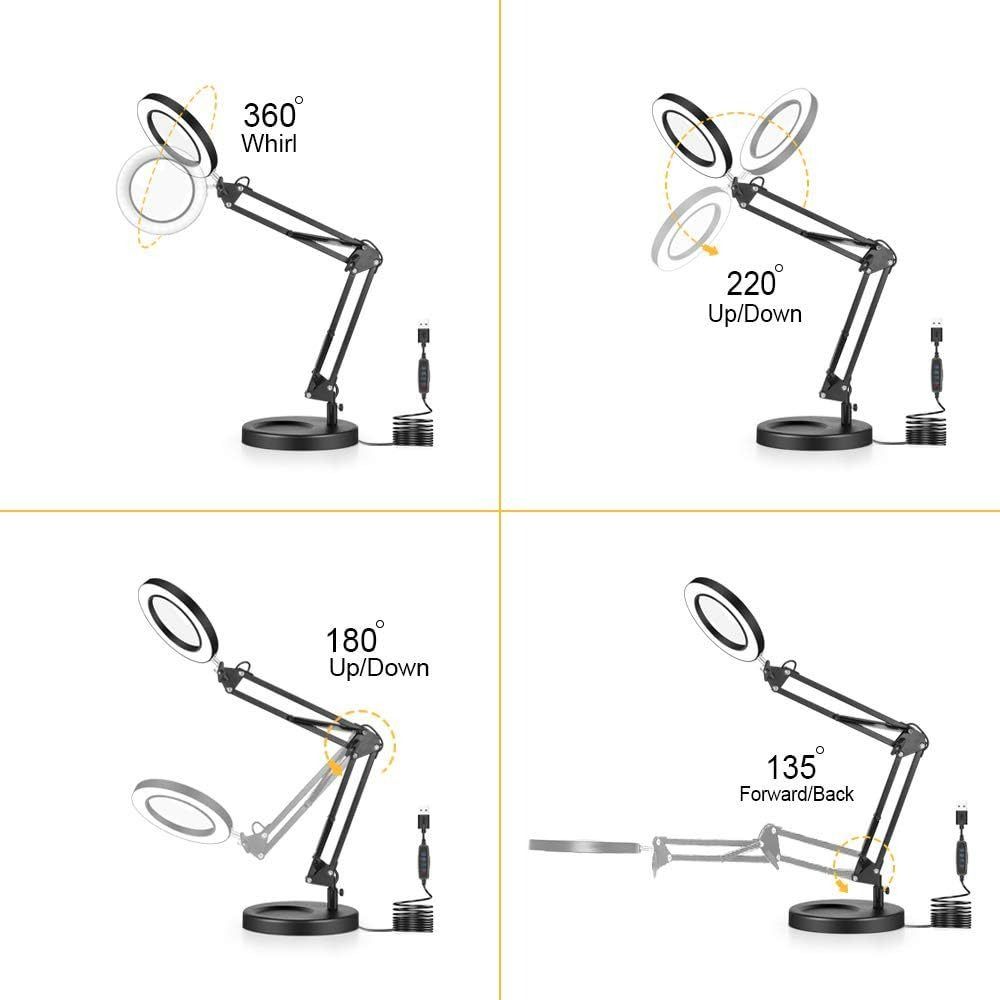 10 Brightness Levels Desk Lamp Adjustable Folding Arm Lamp Magnifying Glass Light  Office Use
