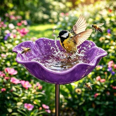 Metal Garden Stake Weather-resistant 4-in-1 Pollinator Water Station - Hummingbird Feeder Bird Bath for Outdoor Yard Decor,Purple (Golden Stem)