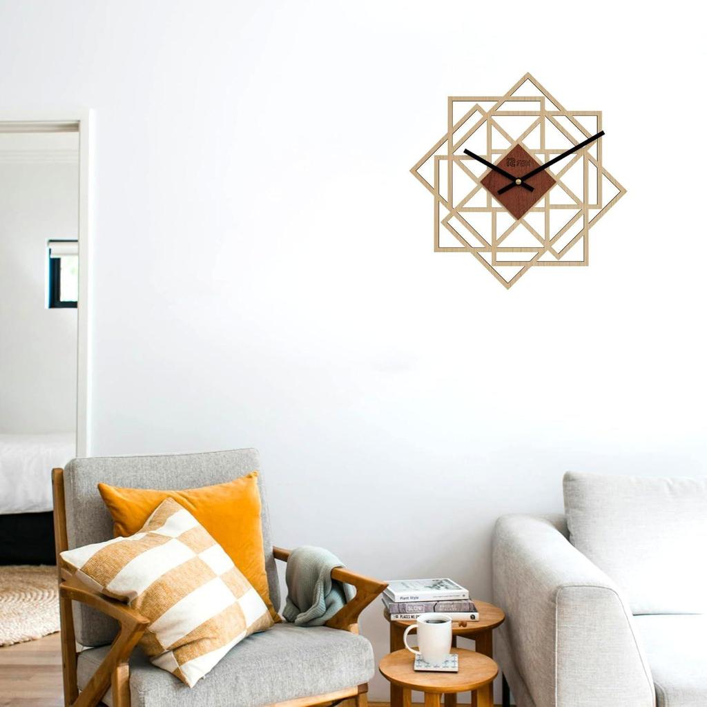 Geometrical Design 12 Inch Handcrafted Stylish Elegant Analog Wooden Wall Clock for Living Room Hall Bedroom Office Gifting Maple Wood