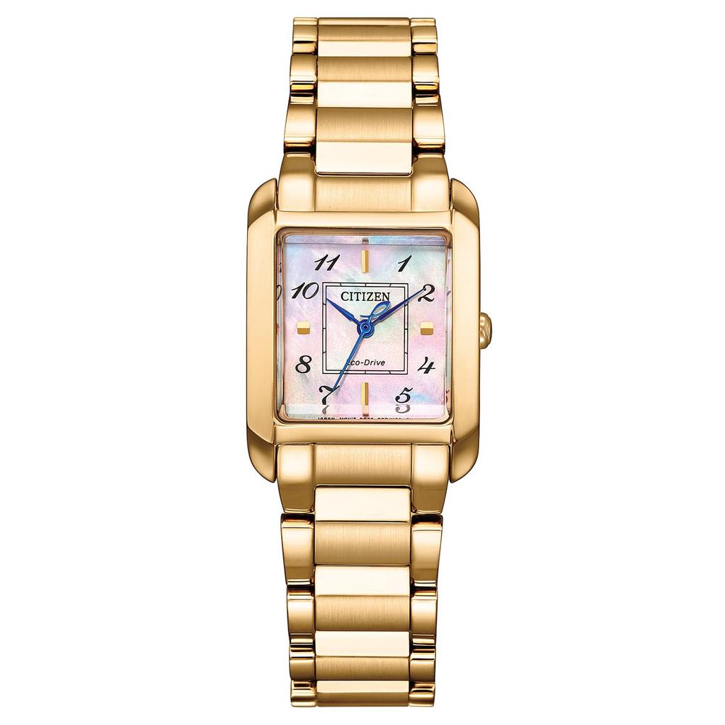 Voděodolné bílé perleťové hodinky SQUARE Collection Warm Gold Gold [Citizen] Eco-Drive EW5603-89Y Dámské