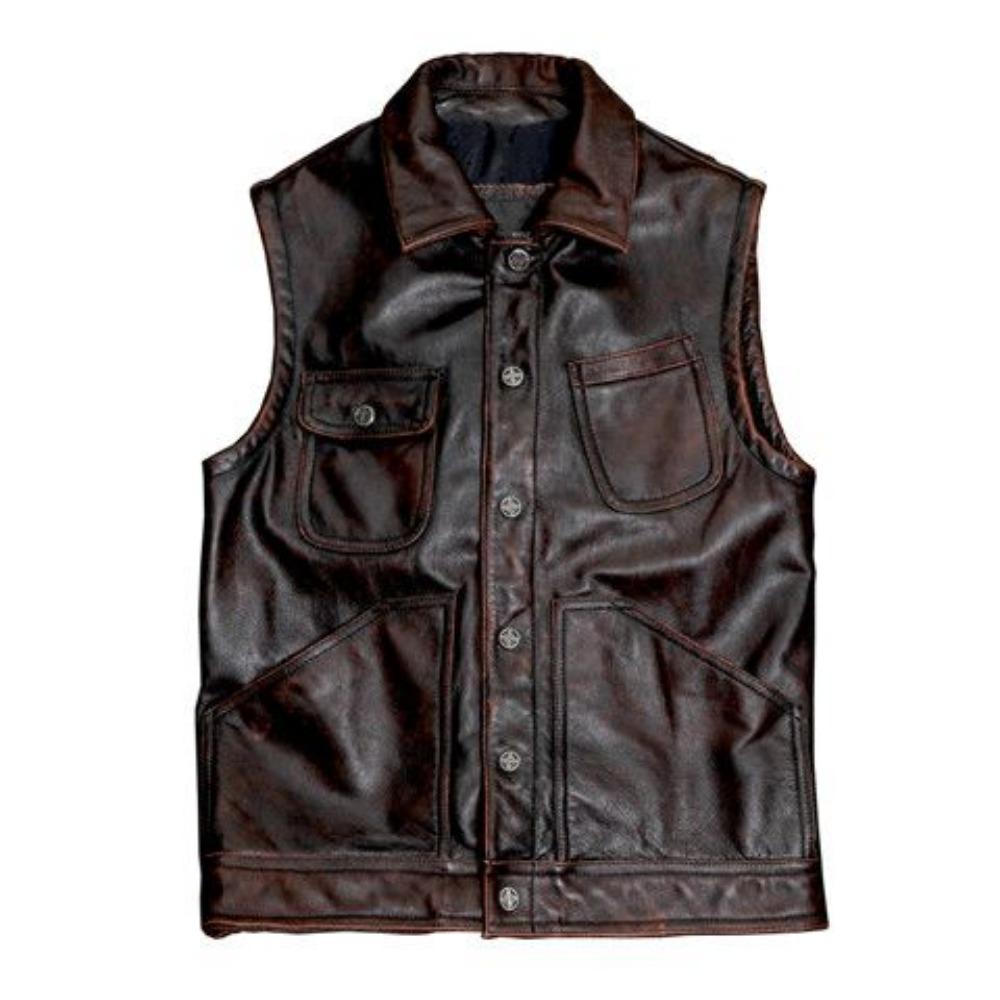 Pierwsza warstwa czystej skóry bydlęcej Kamizelka męska krótka, dopasowana, skórzana kamizelka Kurtka skórzana z klapami Jesień