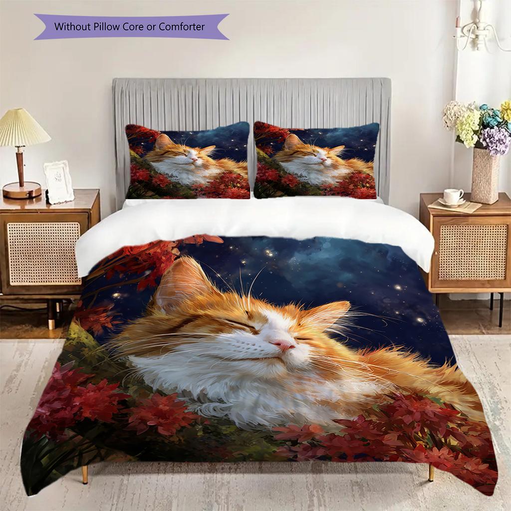 Ginger Cat Pattern Bedding Quilt Set Quilt Cover Pillowcase Home Decoration Birthday Gift (1 * duvet cover + 2 * pillowcase, without core)