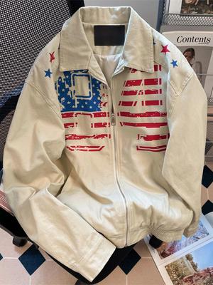Pánská Vintage Bunda s Potiskem Americké Vlajky - Retro Chic Podzimní Styl s Límcem