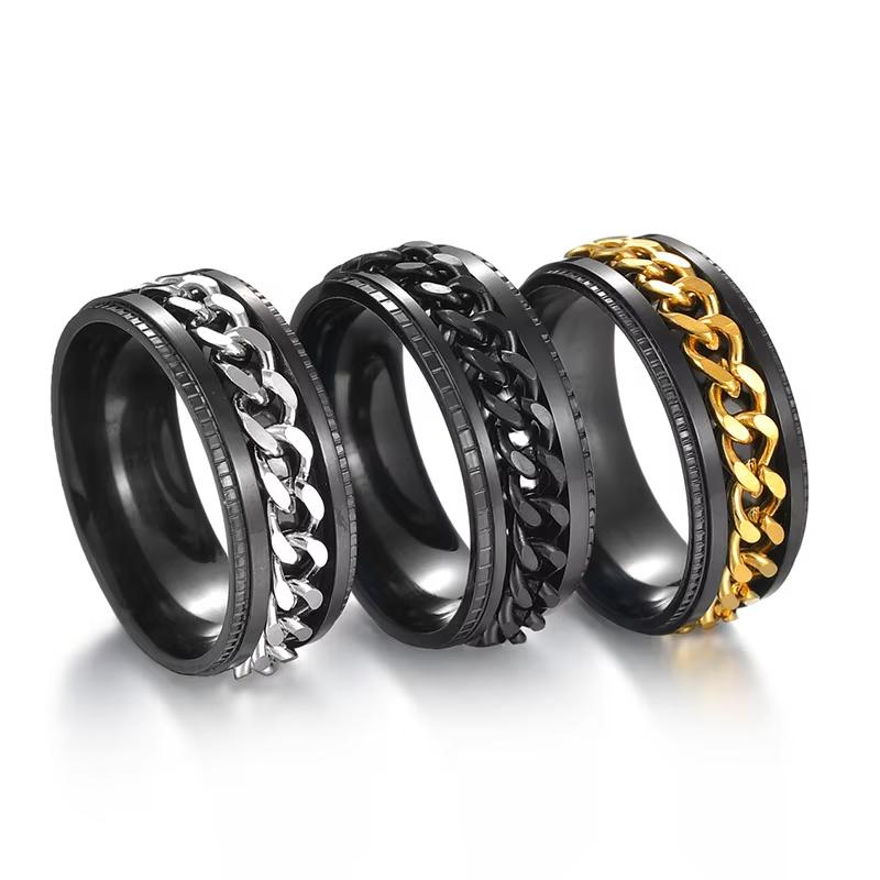 Cool Stainless Steel Rotatable Men Ring 8mm Spinner Chain Anxiety Black Rings Punk Women Jewelry Anillos De Hombre