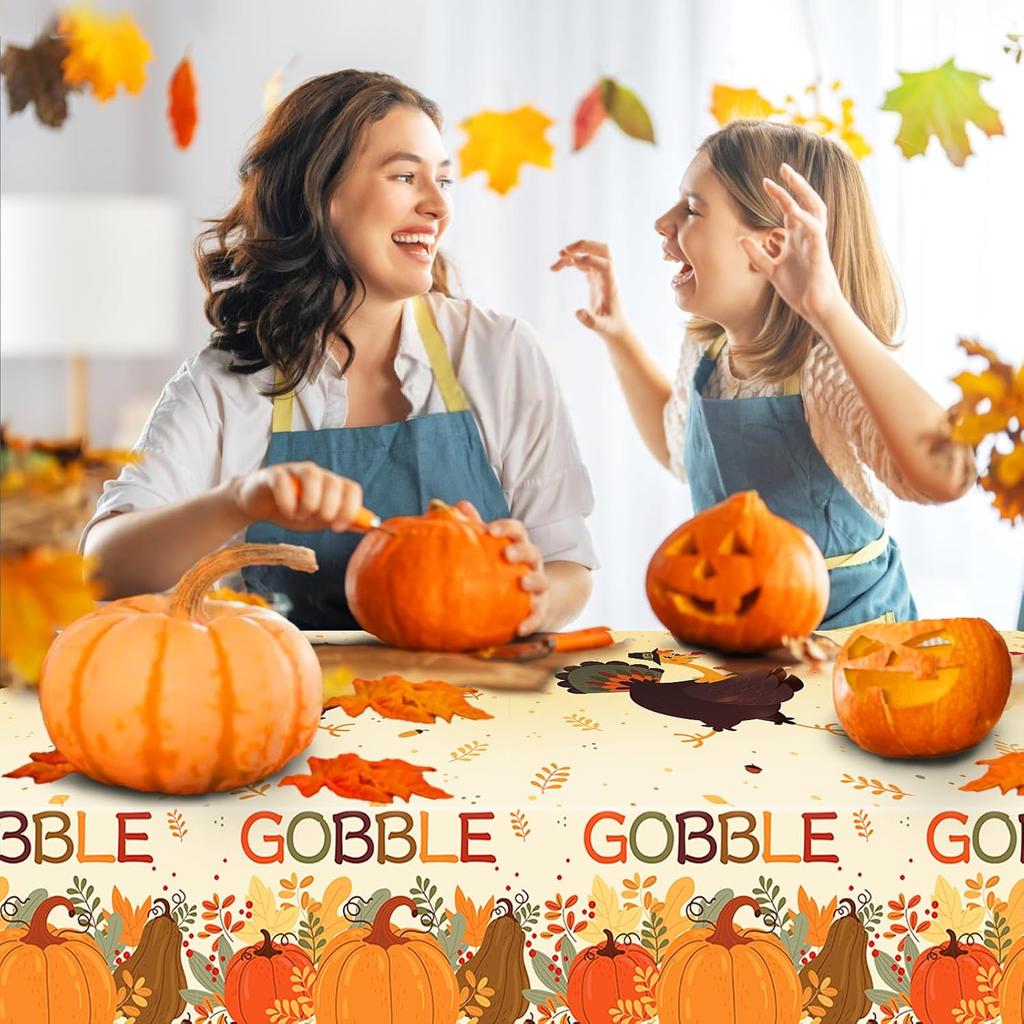 CC HOME 1Pc Thanksgiving Day Party Plastic Tablecloth 54 x 87 Inch Long Table Cover, Autumn Fall Pumpkin Turkey Party Tablecover for Thanksgiving