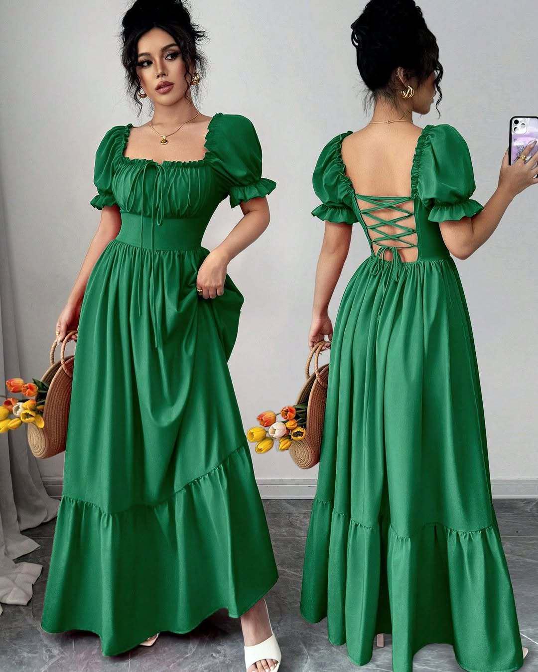 

Summer 2025 European & American Women s Square Neck Tie-up Waist Dress XS