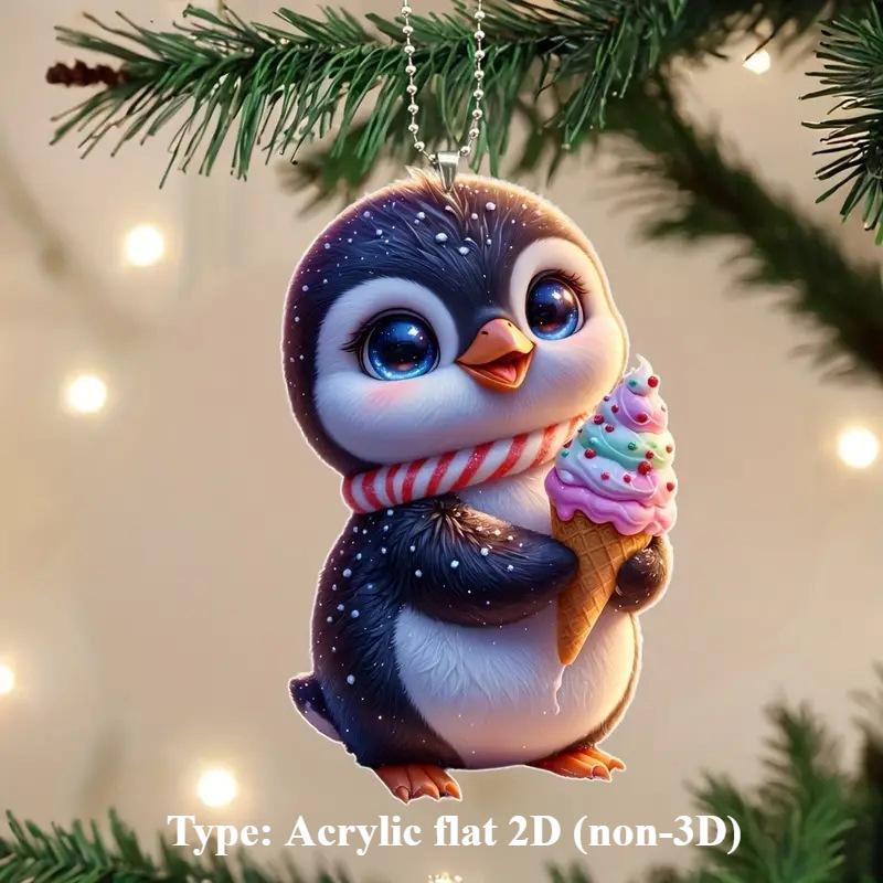 Cute Christmas Ice Cream Little Penguin Christmas Tree Decoration Acrylic Flat 2D Car Rearview Mirror Pendant Christmas Tree Pendant