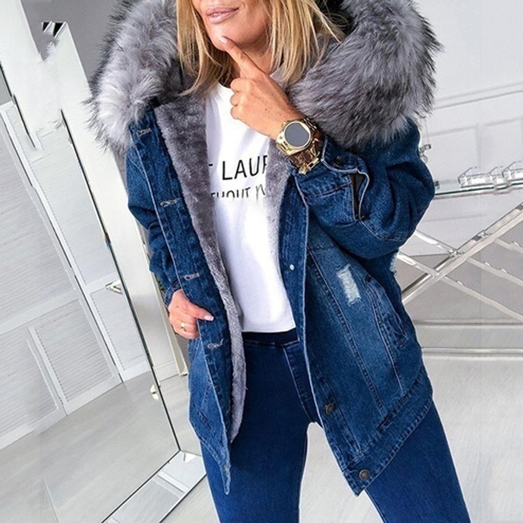 Women's Add A Long - sleeved Denim Solid Color Coat With A Fur-trimmed Collar