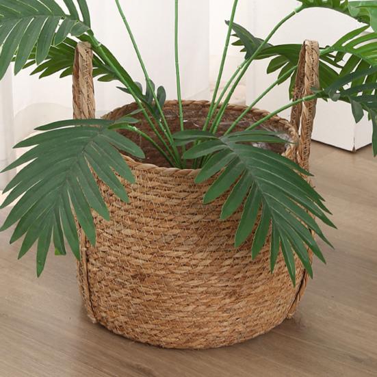 Wicker Planter Basket with Handles Indoor Outdoor Plants Rattan Woven Planter Pot Home Living Room Balcony Garden Round Decorative Flower Pot