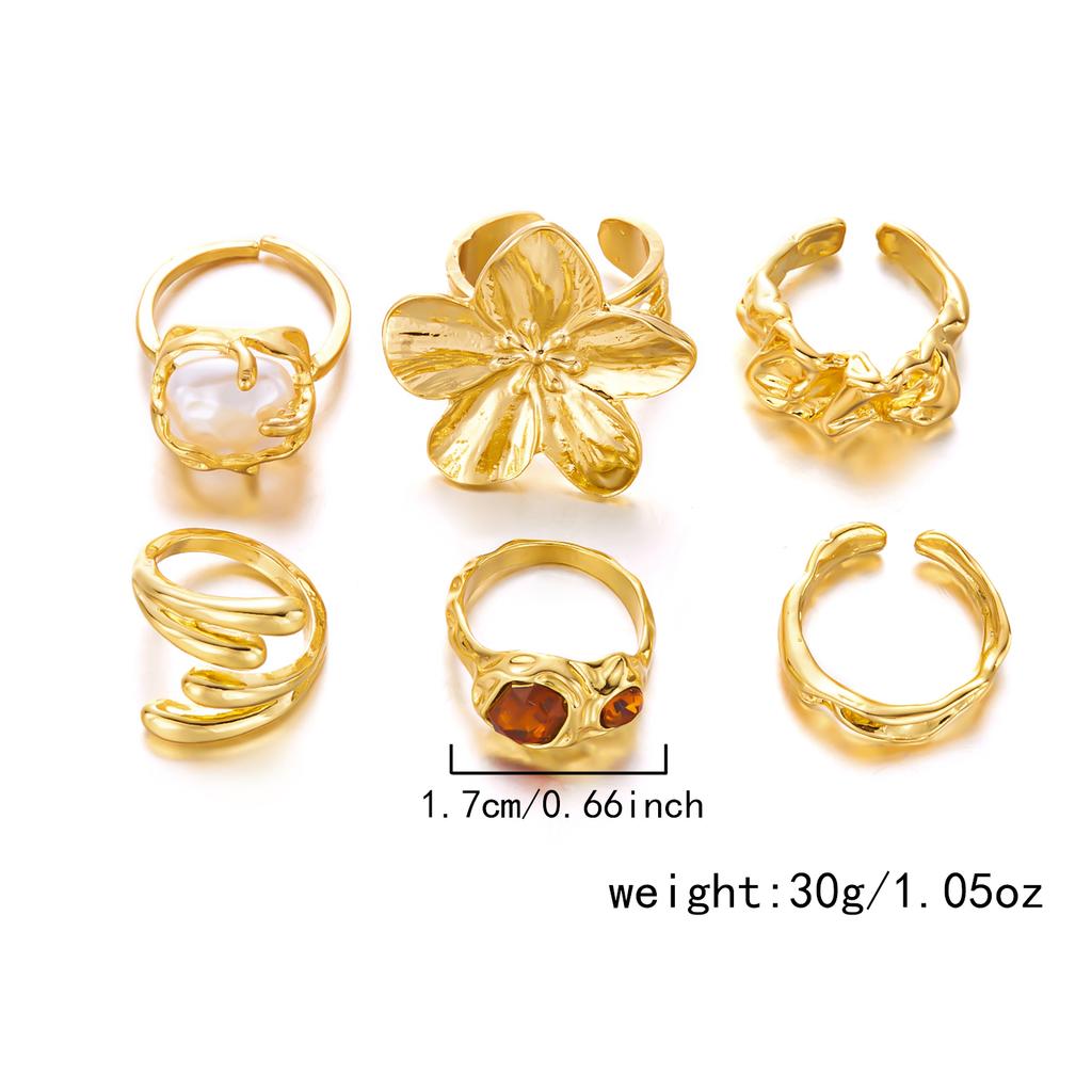 Exaggerated Gold Color Geometric Rings Set For Women Rhinestone Flower Heart Trendy Imitation Pearl Steam Punk Personality Gifts