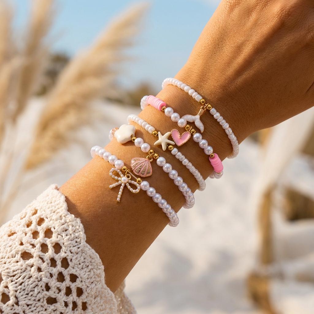 Sweet Pink Rice Bead Bow Bracelets Set for Women Bohemian Summer Shell Starfish Flower Bracelets Trendy Multi Layer Jewelry