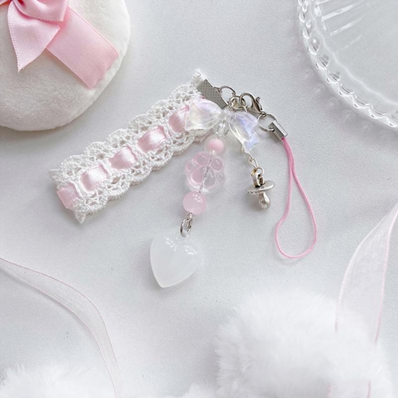 Dainty Lace Ribbon Keyring Cute Heart Pendant Keychain Colorful Beaded Phone Lanyard Multi-Functional Bags Accessories