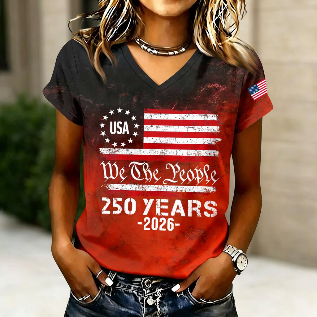 Women's V-Neck Short Sleeve T-Shirt - Anniversary 1776-2026 Letter Print, Casual Summer Top Tee