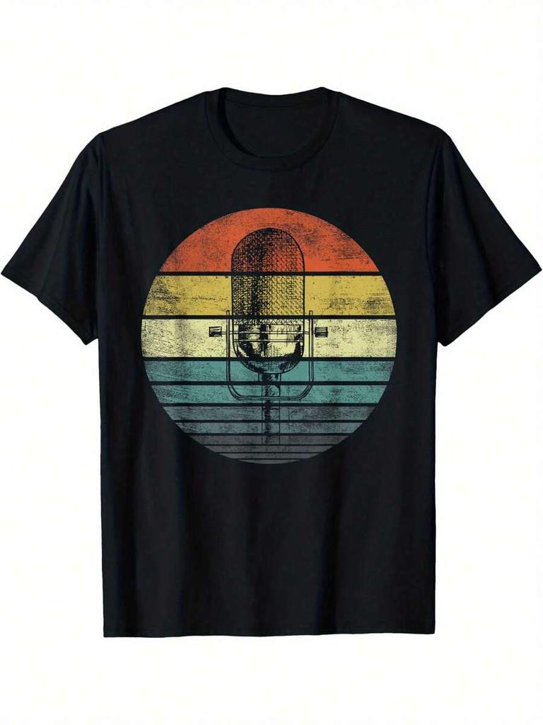 Unisex retro tričko s grafikou mikrofonu - Vintage hudební design s barevnými pruhy