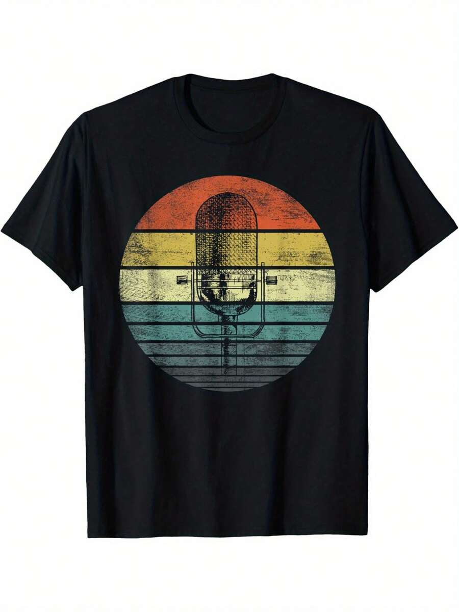 

Unisex s Retro Microphone Graphic T-Shirt - Vintage Music Design With Colorful Stripes XL