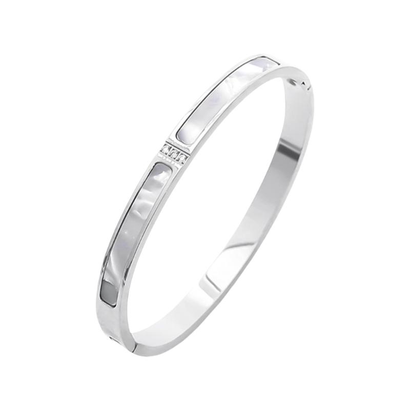 

White Shell Inlaid Alloy Cuff Bracelet Featuring 3 Crystals Stones Modern Minimalist Jewelry Accessory for Trendy Women