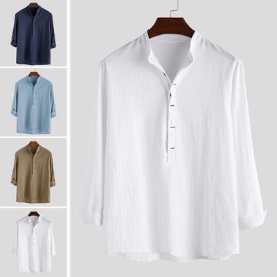 Men's Standing Collar Long Sleeved Shirt Man Youth Casual Solid Color Simple Loose Fitting Shirt