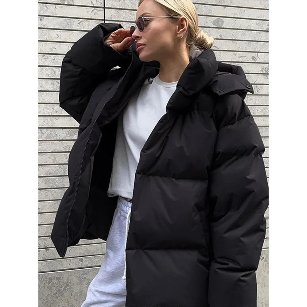 Fashion Thicken Hooded  Down Cotton Jacket for Women Long Sleeve Snow Coat Warm High Street Loose Parkas Oute