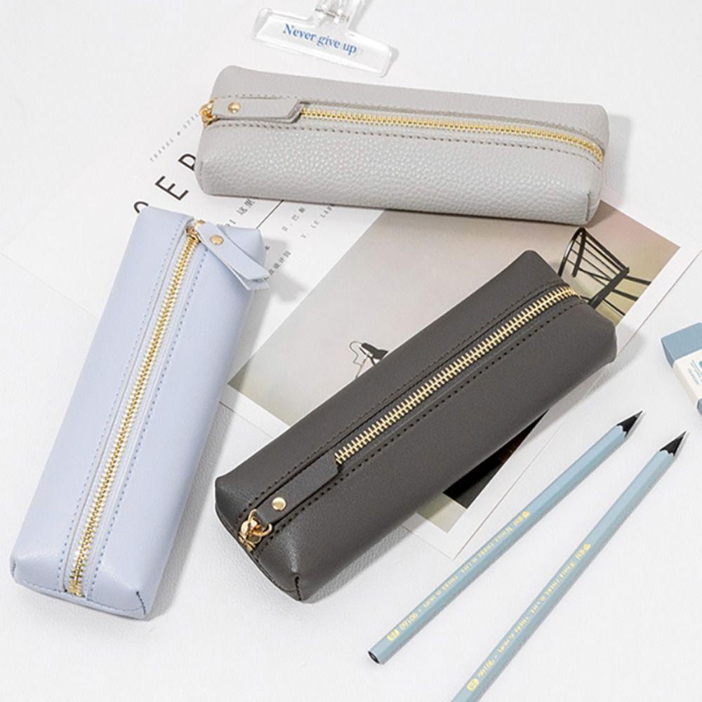 PU Leather Pen Case Zipper Pen Storage Bag Simple Stationery Organizer  School Office