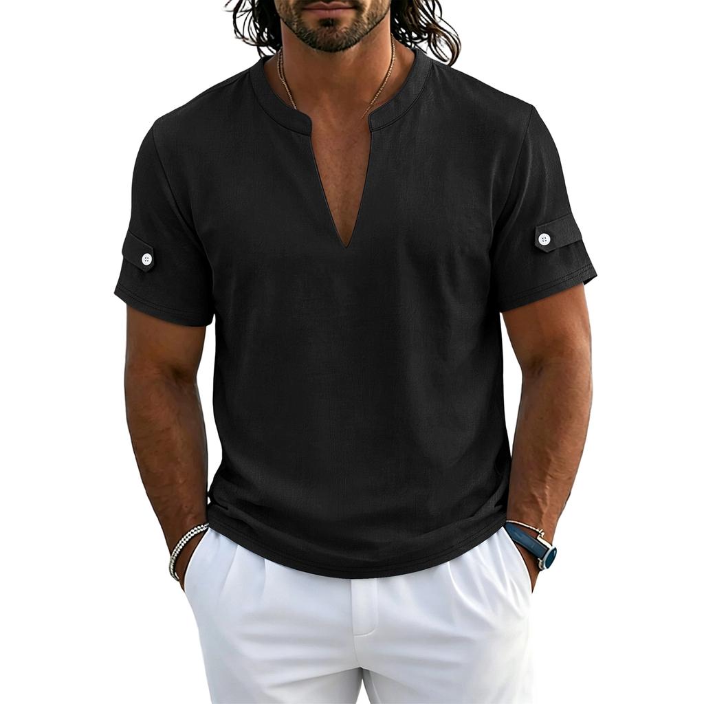 Chemise Polo Henley Casual à Manches Courtes et Col en V pour Homme Tissu Léger Respirant Haut d'Été