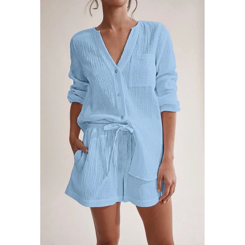 

Long Sleeved Vneck Shorts Home Suit Set Long Sleeves V Neck Shorts Homewear Suit Blue L