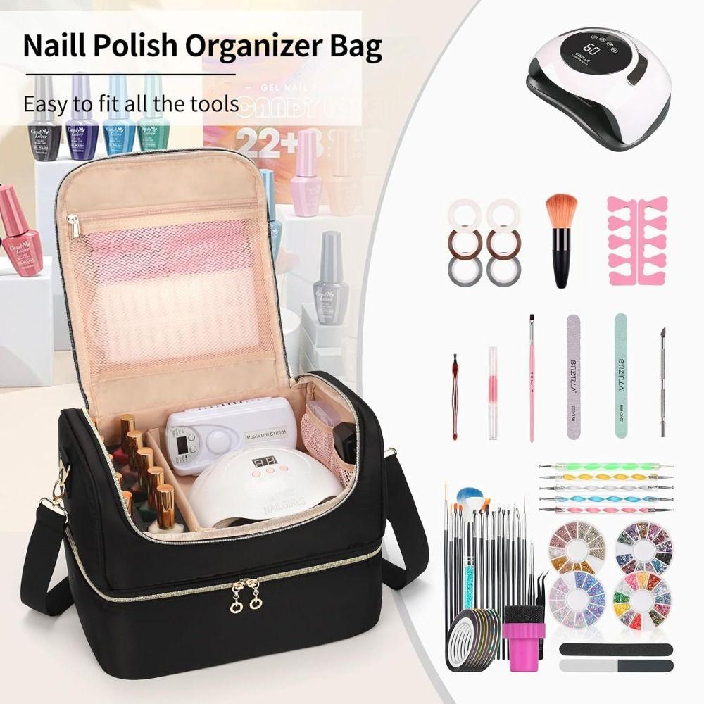 Double Layer Nail Polish Organizer Bag Holds 60 Bottles Large Capacity Nail Tech Kit Travel Case Nail Care Kit Bag