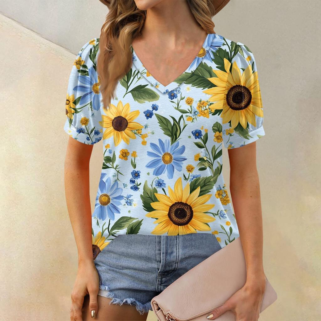 Damenmode Blumendruck Top Puff Kurzarm V-Ausschnitt T-Shirt Lose Casual T-Shirt