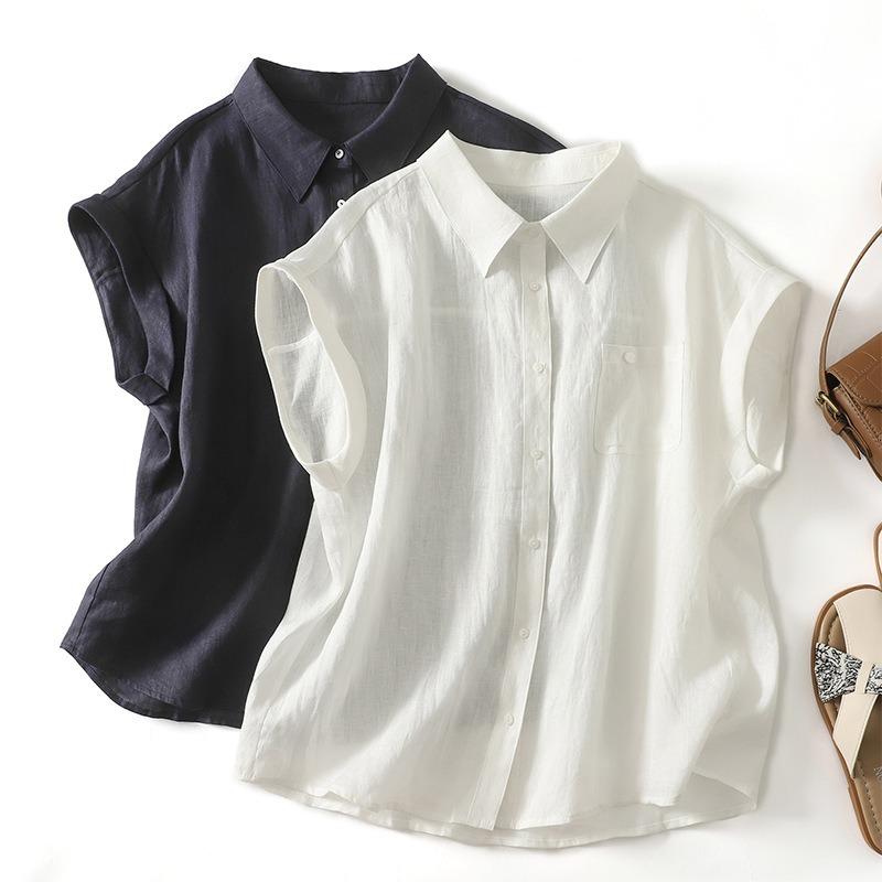 Women Casual Loose Short Sleeve Lapel Collar Cotton Linen Shirt Top