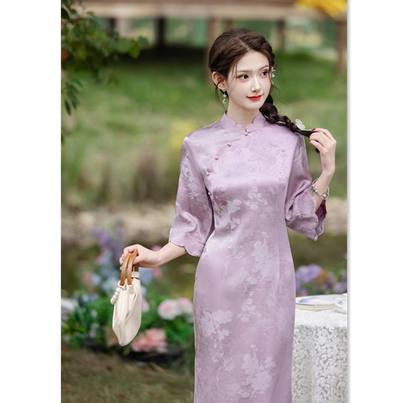 Suhang Cheongsam Improved New Chinese Long Inverted Large-sleeved Cheongsam Spring and Summer New Daily Jacquard Cheongsam