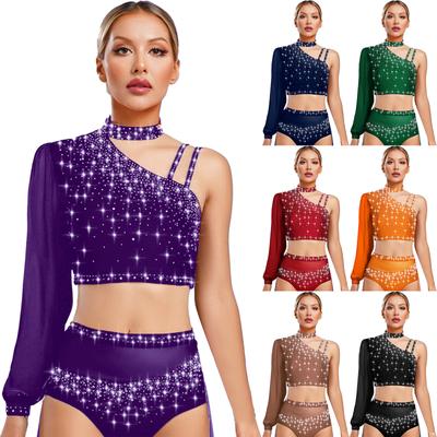 Damen Zeitgenössisches Lyrisches Tanzkostüm Asymmetrisches Durchsichtiges Netz Langarm Glänzendes Strass Crop Top