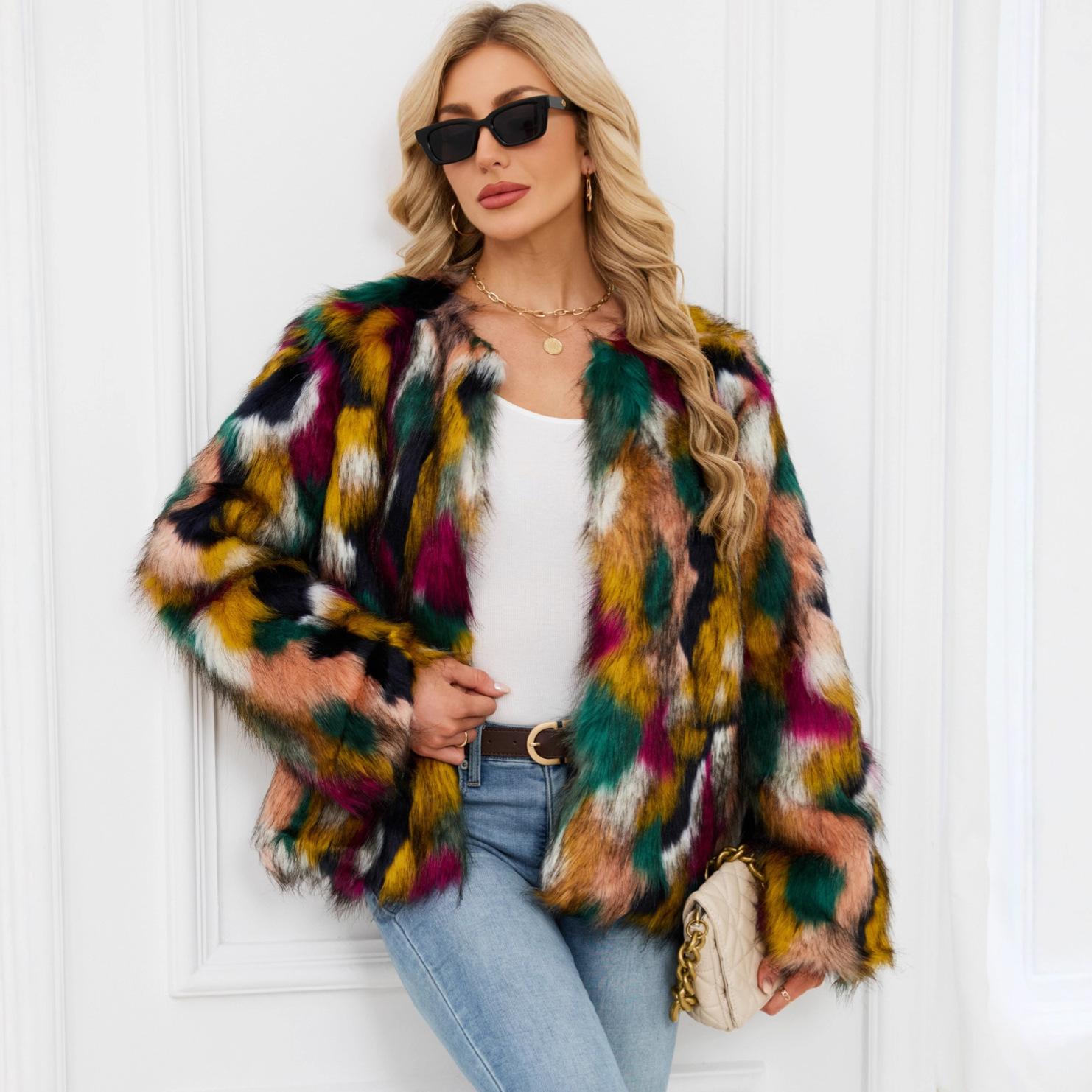 

Новая красочная куртка из искусственного меха, короткая, с длинным рукавом, без воротника, повседневная женская зимняя шерстяная куртка XXXL