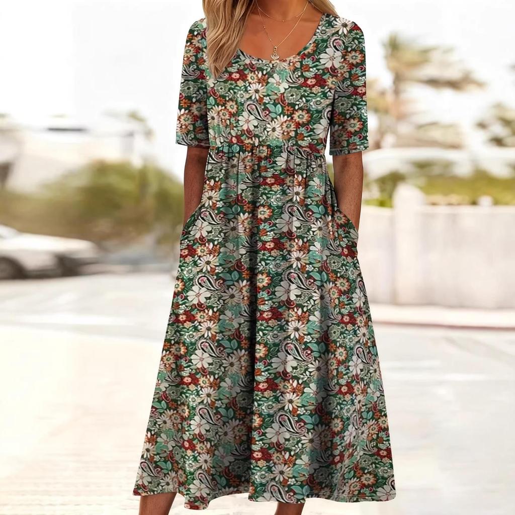 2026 Summer Women's Casual Round Neck Printed Mid-Waist Large Hem Dress