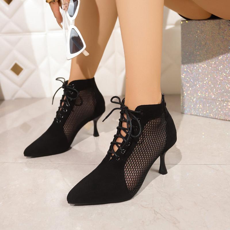 

Fashion 2025 New Scrub Leather Paneled Mesh Lace-Up Front Rear Zipper Stiletto Heel Shorthole Boots Fashion Breathable Cooling Boots 36 чёрный