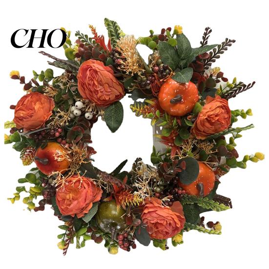 Hortensia Pioenroos Sling Herfst Pompoen Krans Kunsttak Vintage Bloemen Lente En Zomer Set Seizoensgebonden Deurhanger voor Thanksgiving Oogst Decoratie