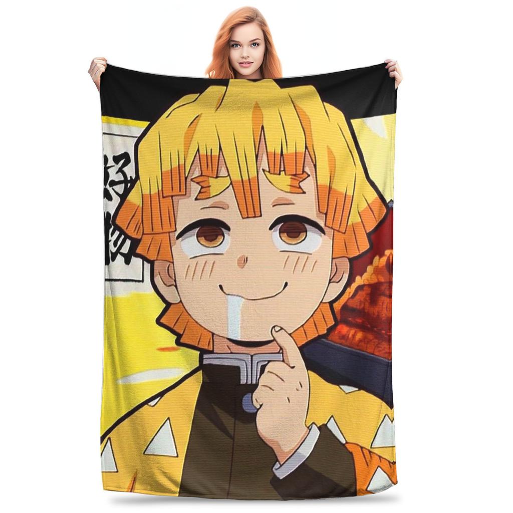 Flannel Throw Blanket Demon Slayer Kimetsu No Yaiba Japanese Agatsuma Zenitsu Anime Warm Blankets Bedspread for Home Picnic Sofa