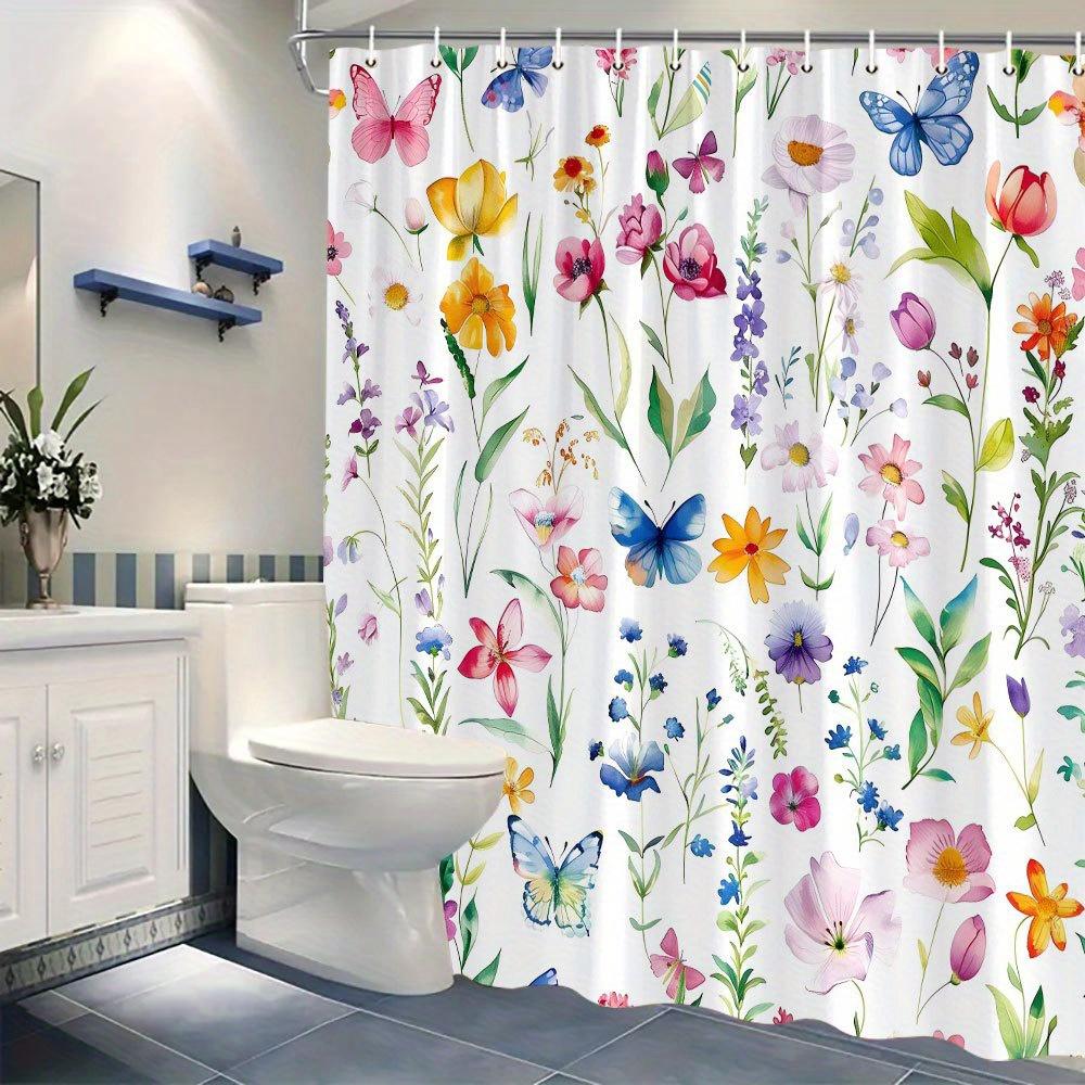 1 Piece Floral Butterfly Shower Curtain, Colorful Roses, Daisies and Lilies with Butterflies, Polyester Fabric, with Hook