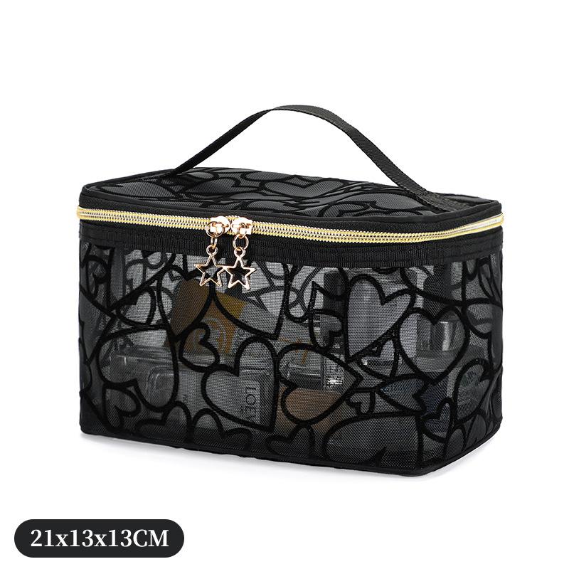 1pc Women Makeup Bag, Mesh Heart Flocked Decor,  Minimalist Mesh Heart Design Large Capacity, For Daily Use & Travel Makeup