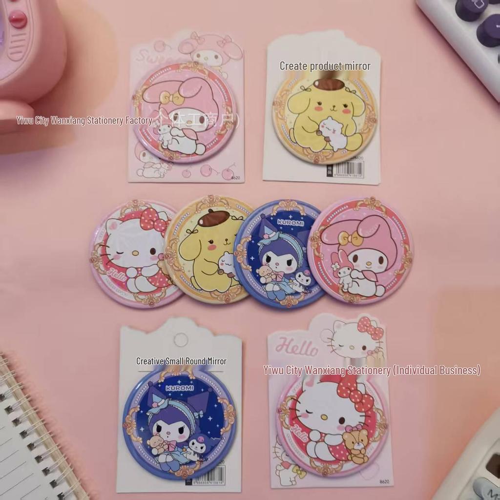 Sanrio Cute Cartoon Mini Round Mirror - Portable, High Appeal for Children & Students, Girly Heart Design
