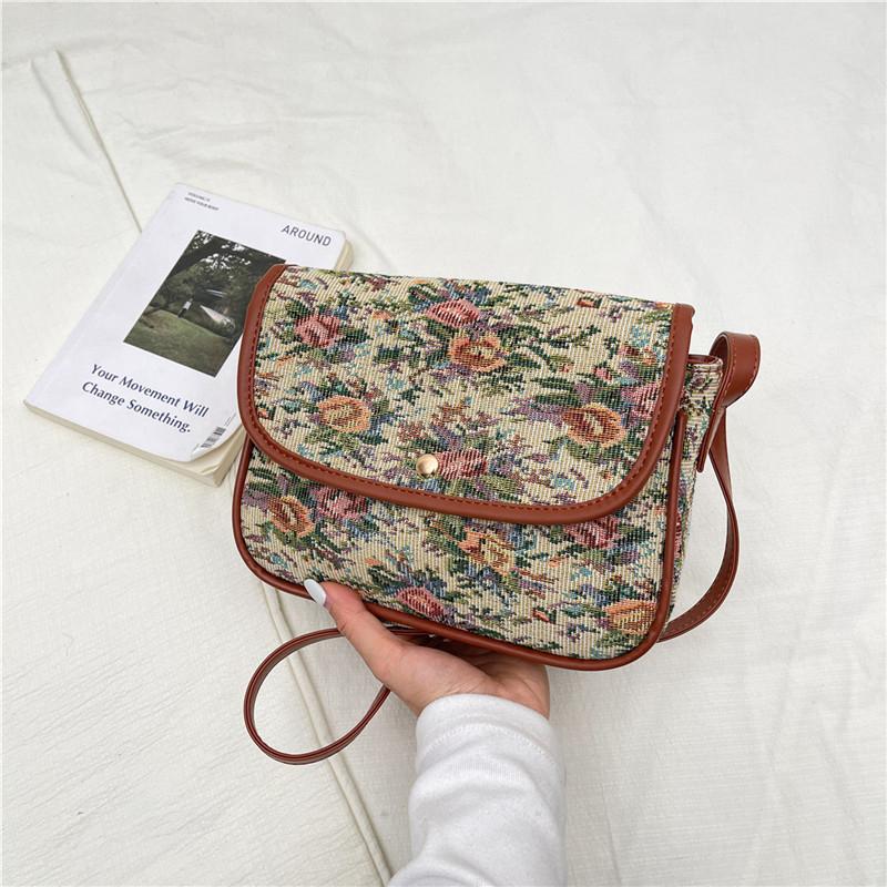 Floral Pattern Crossbody Bag with Leather Trim and Flap Closure for Vintage Inspired Style