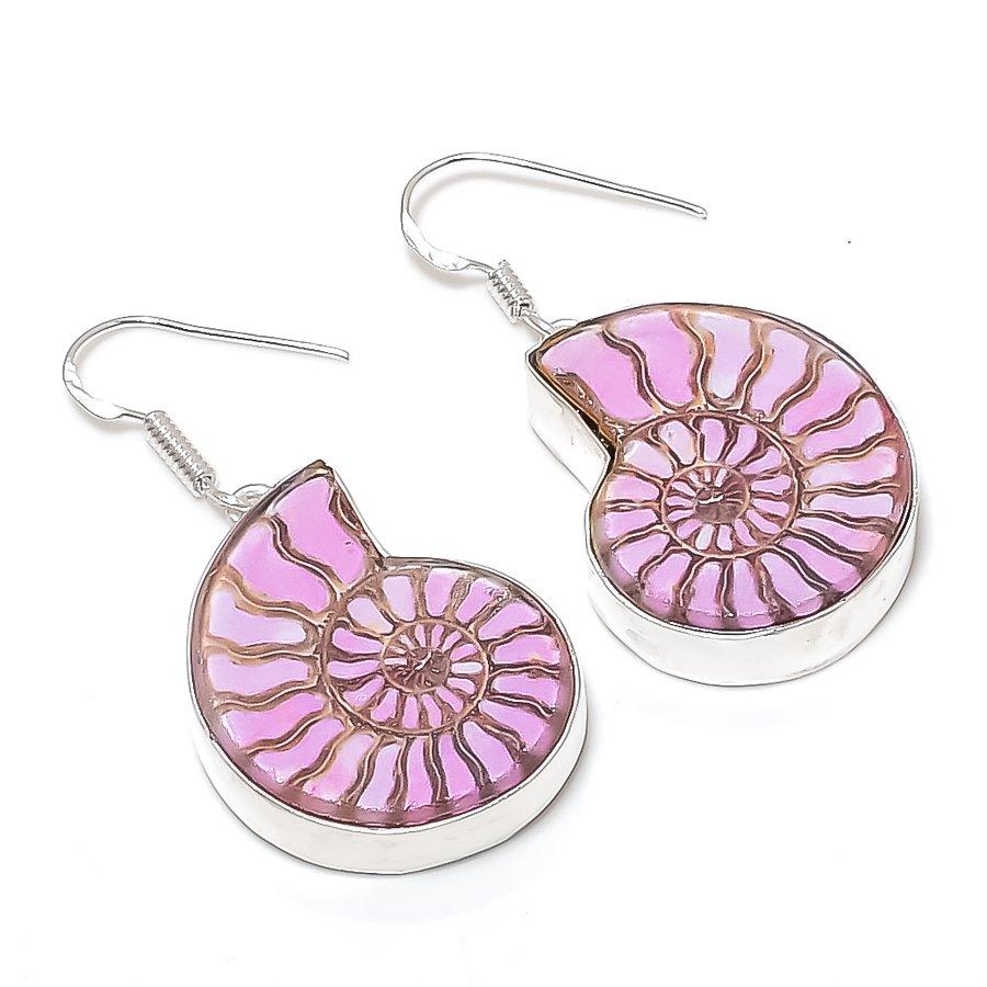Ammonite Fossil Gemstone 925 Sterling Silver Jewelry Earring 1.77"