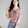 Vintage Flower Print Bow Shirt Women Clothing Summer Three Quarter Sleeve Tops Loose Sweet Blouse