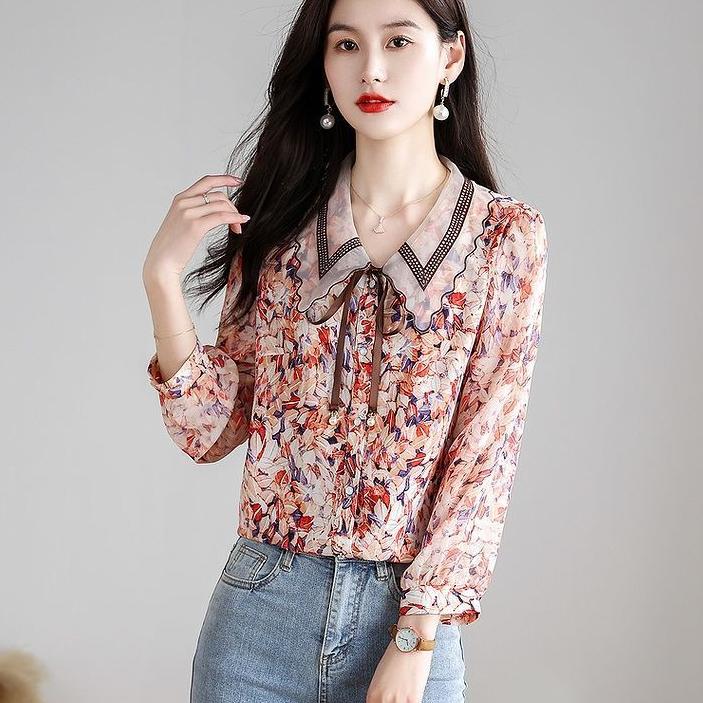 Vintage Flower Print Bow Shirt Women Clothing Summer Three Quarter Sleeve Tops Loose Sweet Blouse